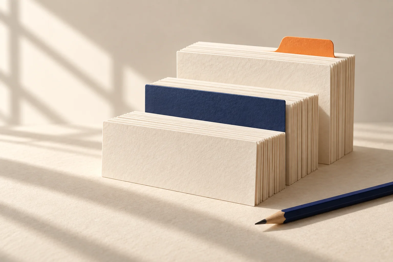 Cream index cards arranged in tiers with navy and orange accents.