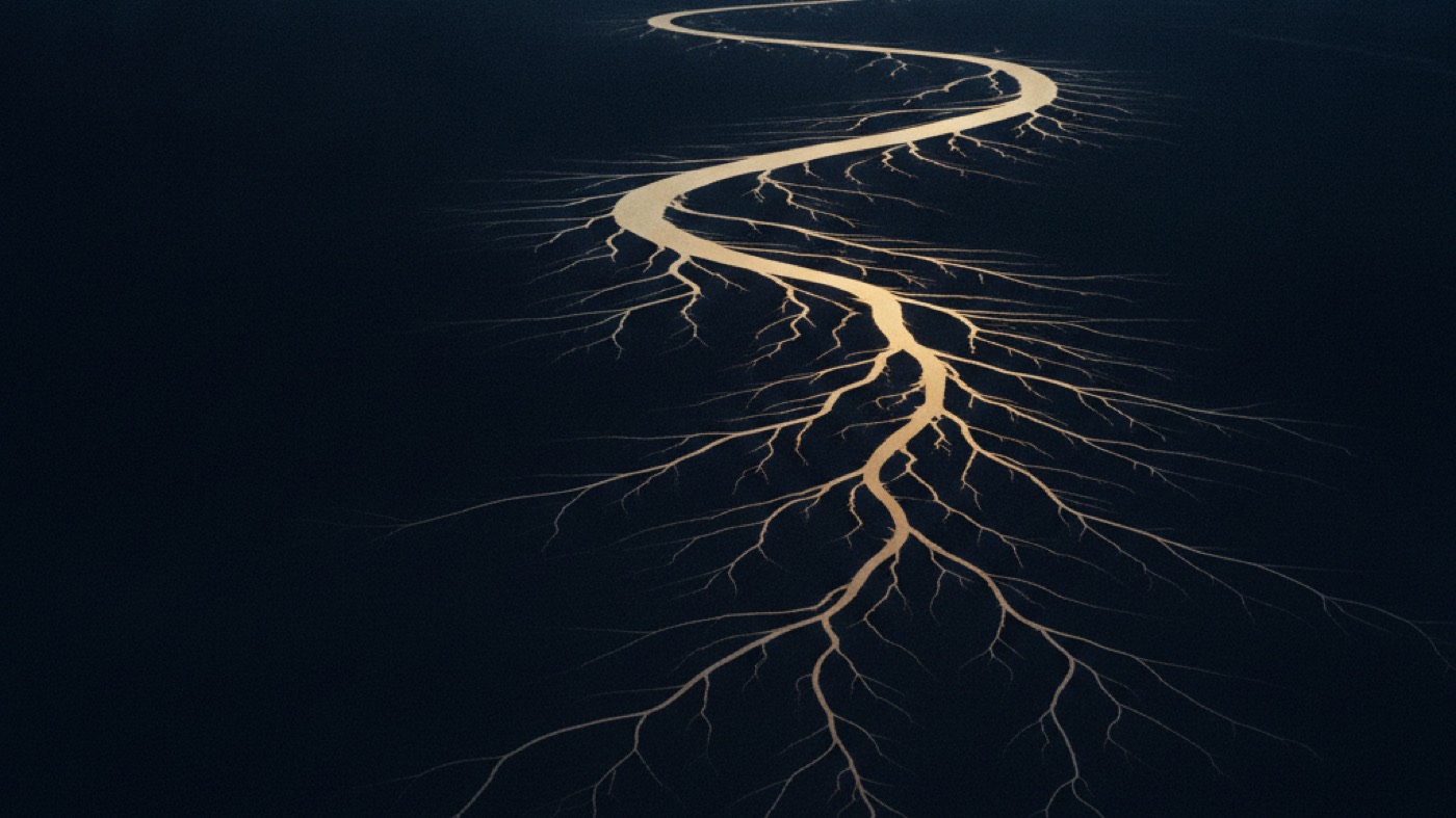 A river delta at first light, one channel dividing into hundreds as it reaches the shore